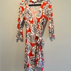 Charles Henry Floral Wrap Dress in Red and White. PTP 20”, Length 39”